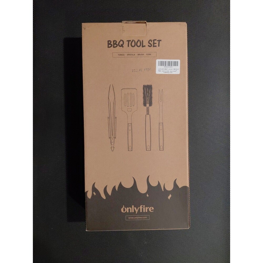 NIB 4 Piece Stainless Steel Wood Handle Grill Tool Set for BBQ, Camping Open Box